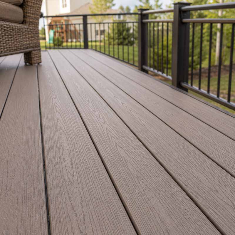 Composite deck with gray wood-grain boards and black metal railing overlooking a residential neighborhood in Fond du Lac, Wisconsin