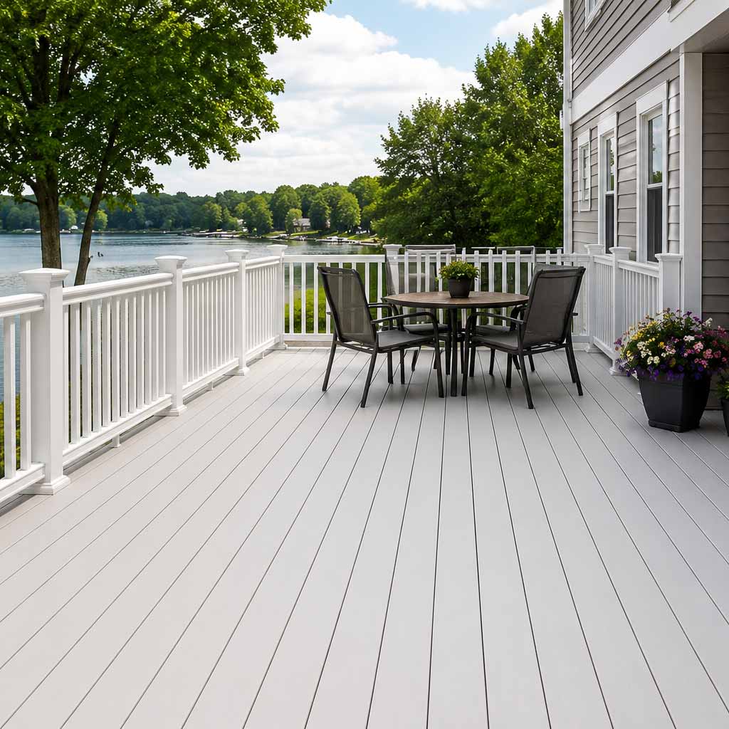 Spacious waterfront deck with light gray vinyl decking, white railings, black patio furniture, potted flowers, and views of a calm lake surrounded by green trees
